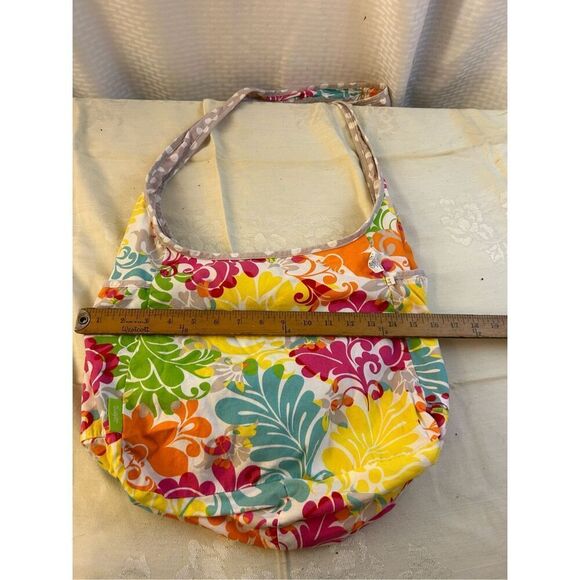 Thirty-one 31 reversible crossbody tote boho hobo beige dots flowers 16x14" - Picture 5 of 6